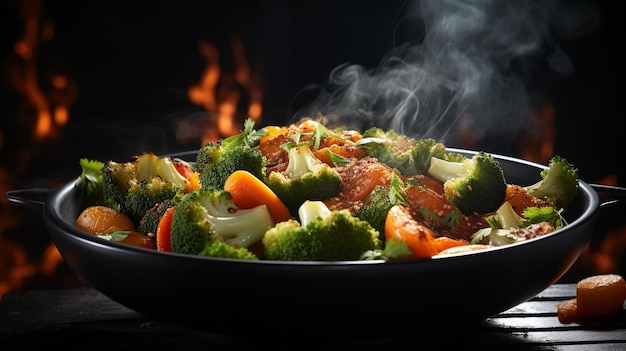 Healthy diet meal concept of a black bowl with steamed vegetables on dark background ai generated