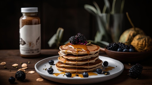 Healthy diet nutrition concept Stack of vegan pancakes on a rustic table