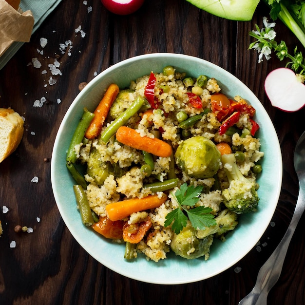 Foto piatto vegano sano a base di couscous e verdure