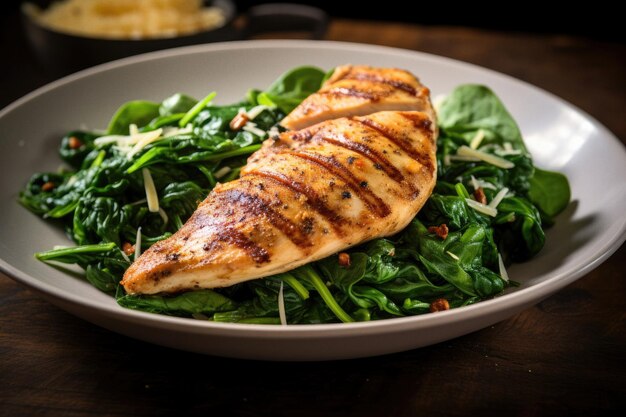 Healthy dinner grilled chicken with sauteed spinach