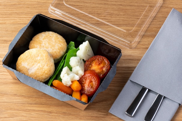 Healthy dinner in the lunchbox on wooden table with napkin and cutlery