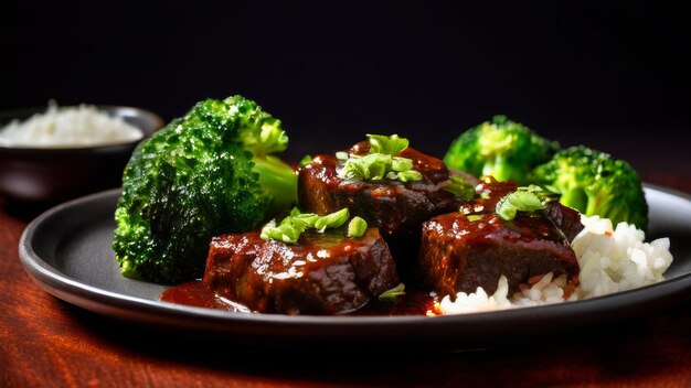 Foto un piatto sano su un piatto di broccoli verde e manzo in salsa con un contorno di riso bianco