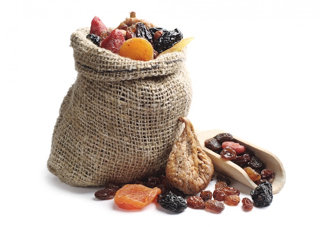 Healthy dried fruits in a sack