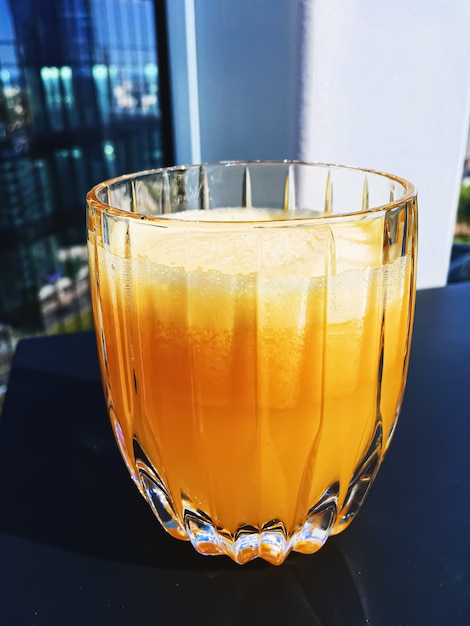 Healthy drink fruit vitamins and beverage menu fresh orange juice in luxury restaurant outdoors food...