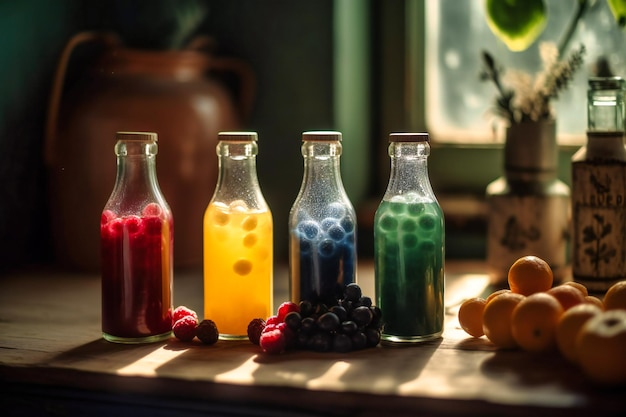 Healthy drinks in various bottles with berries