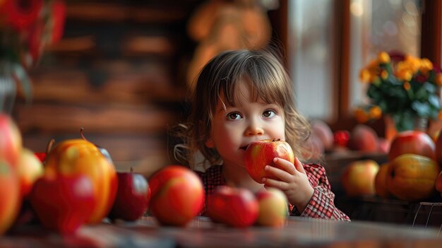 健康的な食事をする子供が前方のテーブルにたくさん新鮮な果物を食べています