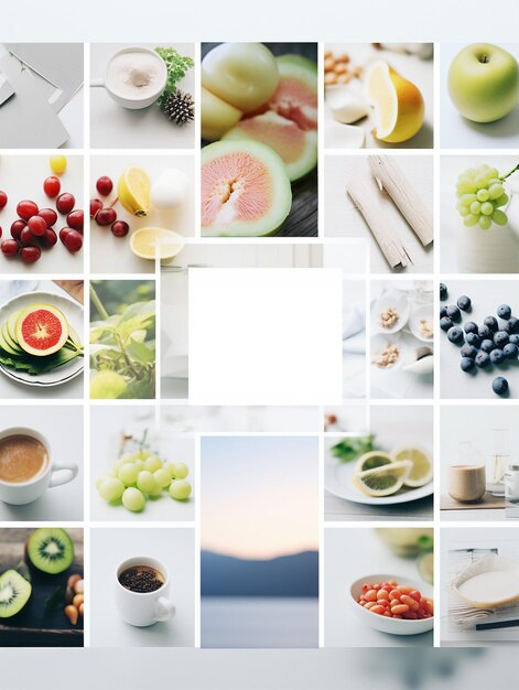 Foto collage alimentare sano a base di frutta e verdura diverse