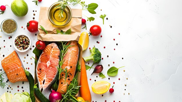 Концепция здорового питания со свежими овощами, фруктами, рыбой и оливковым маслом на белом фоне Идеально подходит для питания.