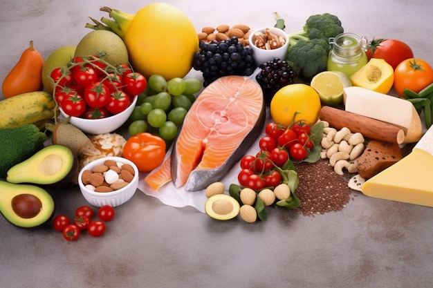 Концепция здорового питания с большим количеством фруктов, овощей и мяса, генерирующая ай