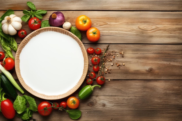 Healthy eating and diet food concept with vegetables and seasonings arranged around a blank plate on