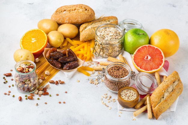 Healthy eating, dieting, balanced food concept. Assortment of gluten free food on a kitchen table. Copy space background