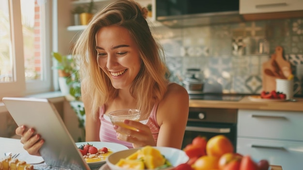 Healthy eating dieting and people concept smiling young woman with tablet pc computer eating