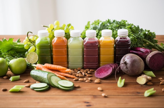 healthy eating, drinks, diet and detox concept - plastic bottles with different fruit or vegetable juices and food on wooden table