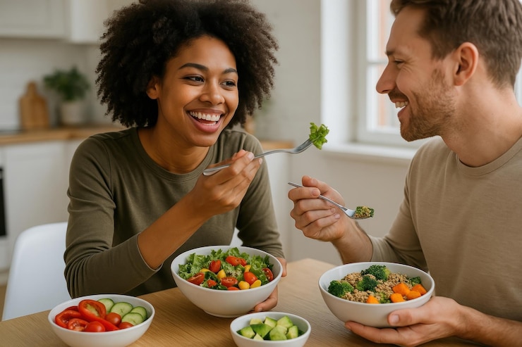 Photo healthy eating joyful couple together