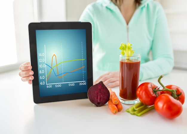 здоровое питание, технологии, диета и концепция людей - крупный план женских рук, держащих планшетный компьютер с диаграммой, томатным соком и овощами дома