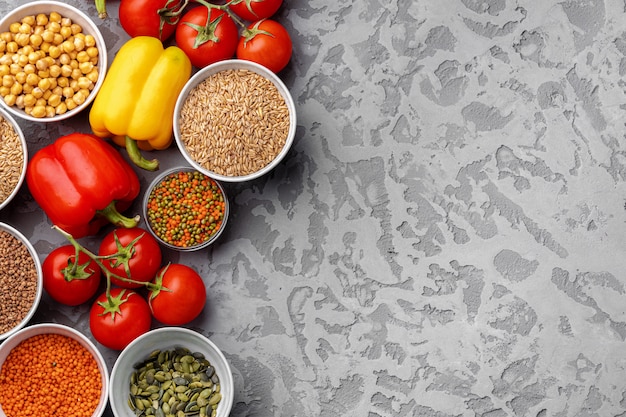 Healthy eating. Vegetables and cereals on table