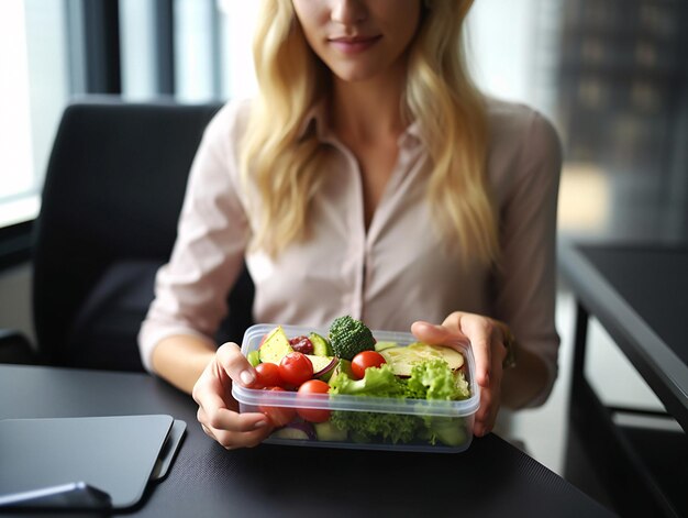 テーブルで新鮮な野菜とサラダを披露する健康的な食事の女性生成 AI