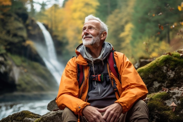 Здоровые пожилые люди или пожилые мужчины в пешеходной одежде счастливо путешествуют с естественным водопадом в лесу, а пожилые люди чувствуют себя расслабленными и глубоко вдыхают свежий воздух.