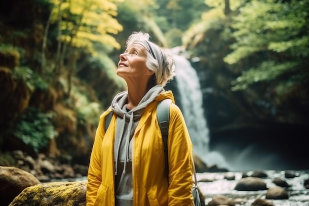 Foto una donna anziana o anziana sana che indossa abiti da escursionista va in gita a godersi una cascata naturale nella foresta. la donna anziana si sente rilassata e fa un respiro profondo nell'aria fresca.