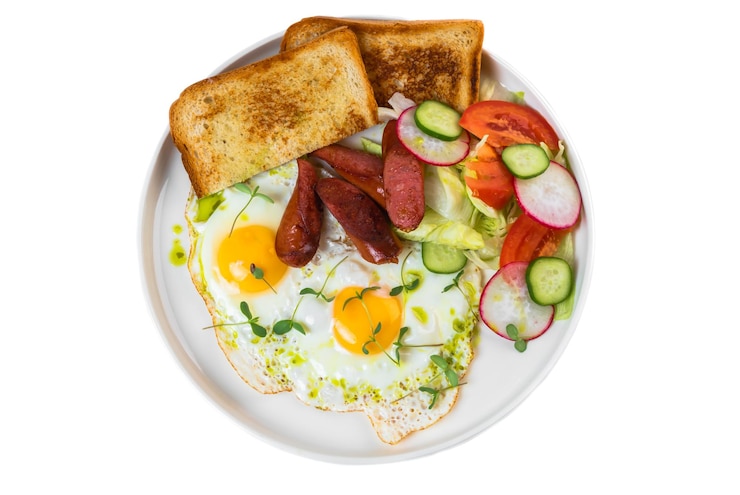 Photo healthy english breakfast with fried eggs sausages toasts and salad in white plate on white