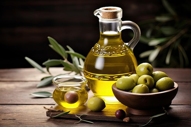 Healthy extra virgin olive oil with fresh olives on a rustic wooden backdrop