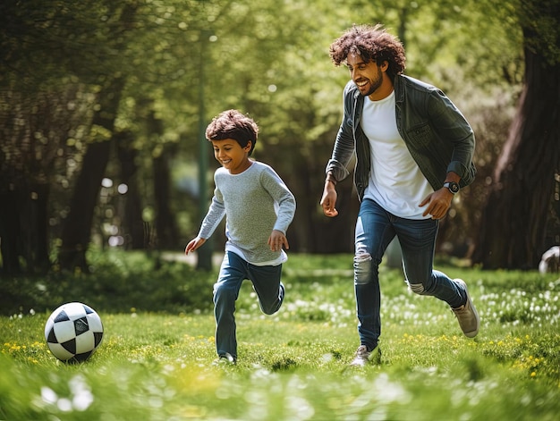 здоровое семейное занятие в парке: мама с сыном играют в футбол в стиле комментариев