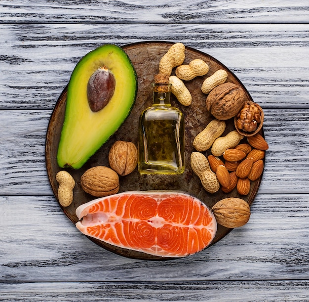 Healthy fat salmon, avocado, oil, nuts