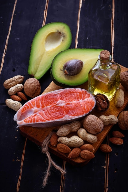 Healthy fat salmon, avocado, oil, nuts