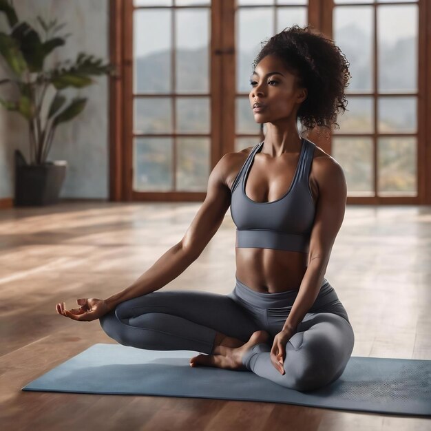 Healthy and fitness concept beautiful american african lady in fitness clothing doing yoga and medi