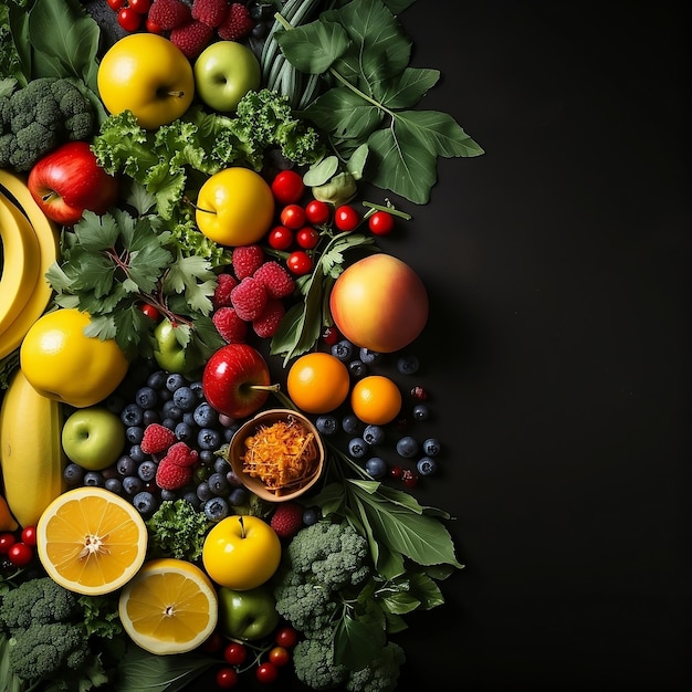 Healthy food background Fruits and vegetables on black background Top view