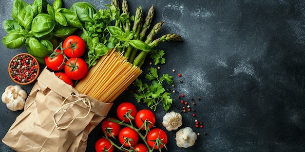 Здоровое питание. Здоровая еда в бумажном пакете, овощи и макароны на темном фоне. Ингредиенты для приготовления пищи.
