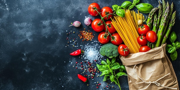 Healthy food background Healthy food in paper bag vegetables and pasta on dark Ingredients for coo