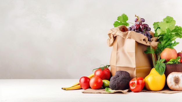 건강한 음식 배경 흰색 복사 공간 배너에 있는 종이 봉지 야채와 과일에 있는 건강한 채식주의 채식 음식 쇼핑 식품 슈퍼마켓과 깨끗한 채식주의 먹는 개념 생성 ai