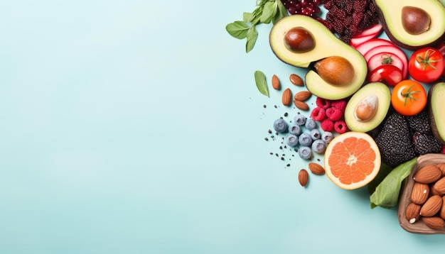 Здоровая еда на заднем плане с фруктами и овощами