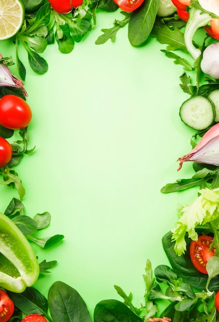 Foto sfondo di cibo sano con varie erbe e verdure verdi ingredienti per cucinare insalata concetto di cibo vegetariano e vegano vista dall'alto spazio di copia