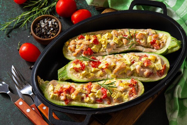 Healthy food Baked zucchini stuffed with meat and tomatoes in a castiron pan