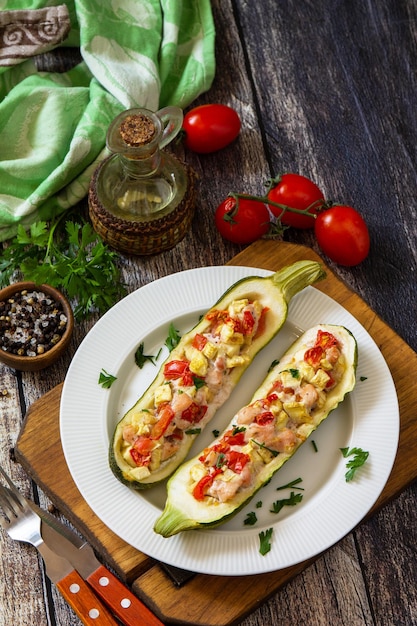 Cibo sano zucchine al forno ripiene di carne e pomodori su tavola di legno rustico spazio di copia