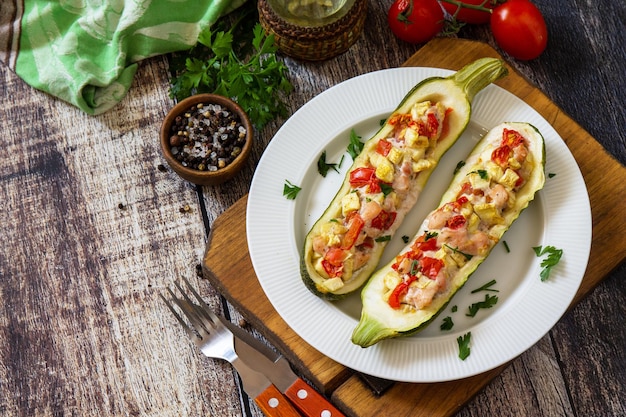 Cibo sano zucchine al forno ripiene di carne e pomodori su tavola di legno rustico spazio di copia