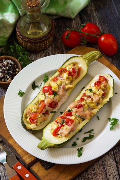 Healthy food Baked zucchini stuffed with meat and tomatoes on rustic wooden table