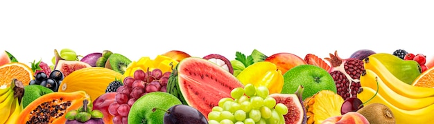 healthy food banner border made of fresh fruits and berries seamless pattern