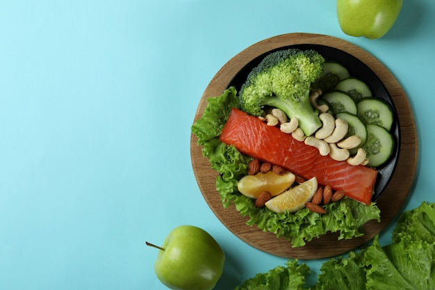 Healthy food on blue background