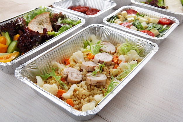 Healthy food in boxes. Food delivery concept