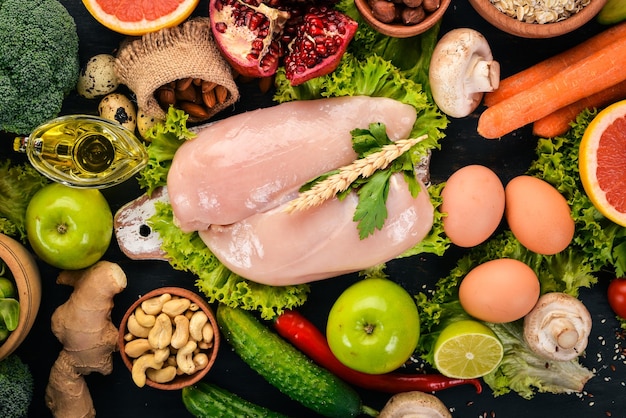 healthy food chicken fillet avocado broccoli fresh vegetables nuts and fruits on a wooden background top view copy space