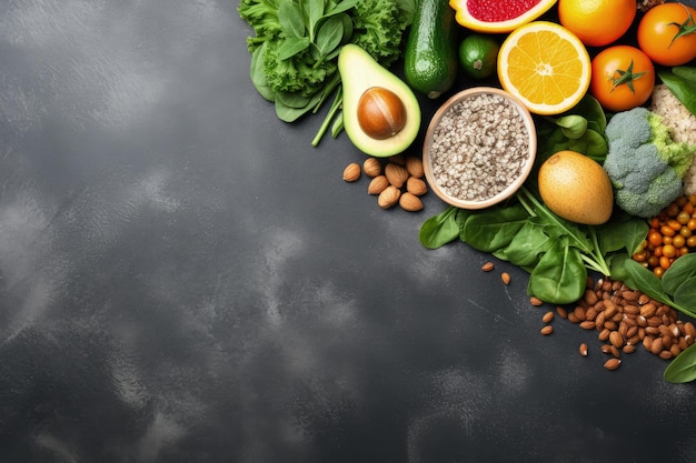 灰色の背景に健康的な食品の選択果物野菜種子スーパーフードシリアル葉物野菜