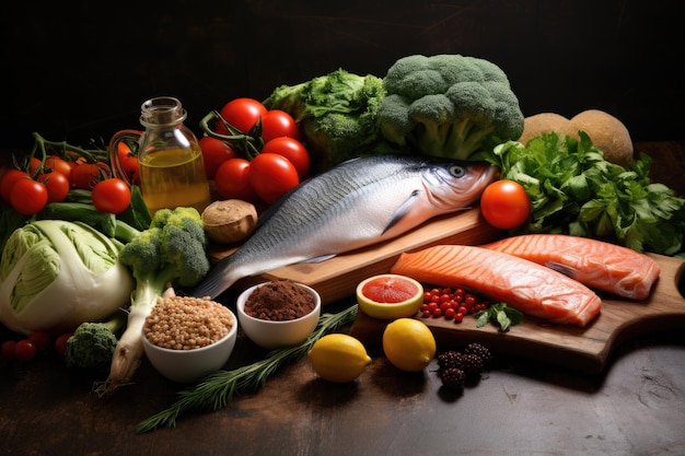 Photo healthy food clean eating selection fish fruits vegetables and legumes balanced diet a healthy food clean eating selection including fish fruits vegetables cereals and nuts ai generated