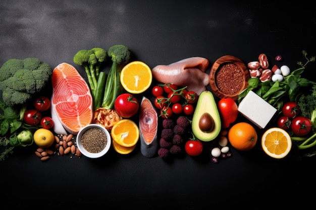 Photo healthy food clean eating selection fish meat vegetables fruits and spices on black background a healthy food clean eating selection including fish fruits vegetables cereals ai generated