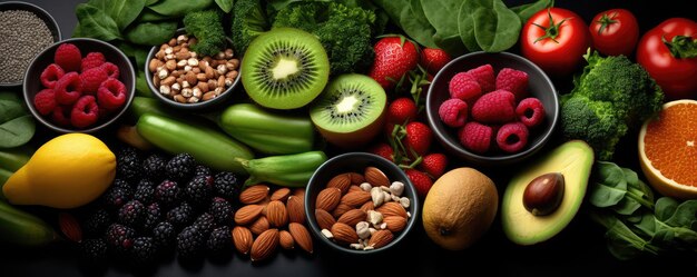 Здоровое питание, чистое питание, выбор фруктов, овощей, семена суперпродуктов