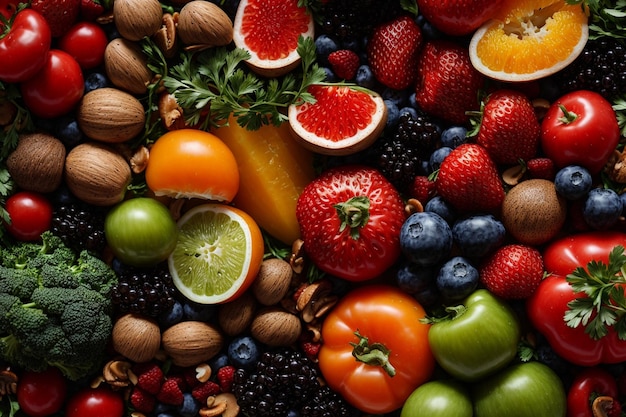 건강한 음식 깨끗한 식사 선택 야채 과일 견과류 열매와 버섯 파슬리 향신료
