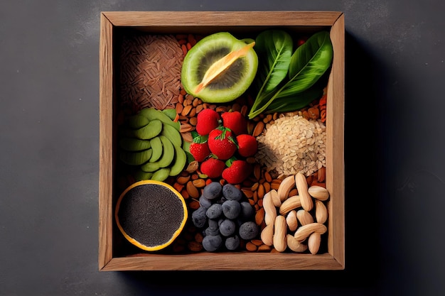 Healthy food clean eating selection in wooden box