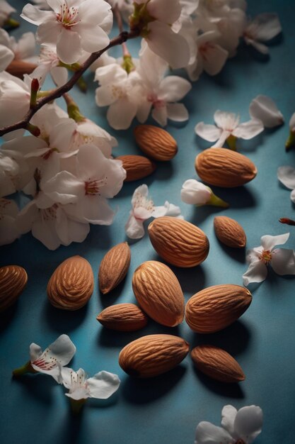 Concetto alimentare sano fiori di mandorle con petali in primo piano